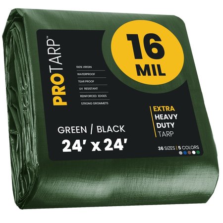 Protarp 24 ft x 24 ft Heavy Duty 16 Mil Tarp, Green/Black, Polyethylene PT-103-24X24